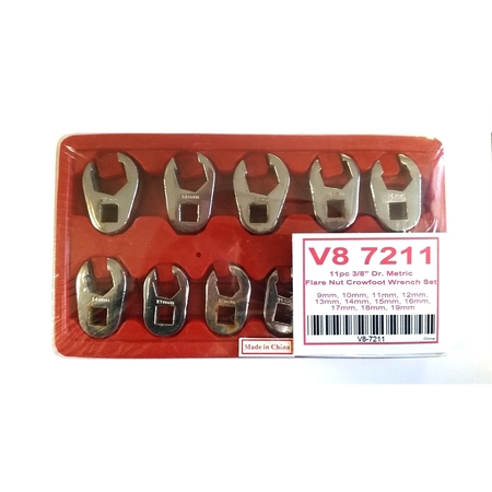 V-8 TOOLS 11 Piece 3/8" Drive Metric Flare Nut Crowfoot Wrench Set V8 7211